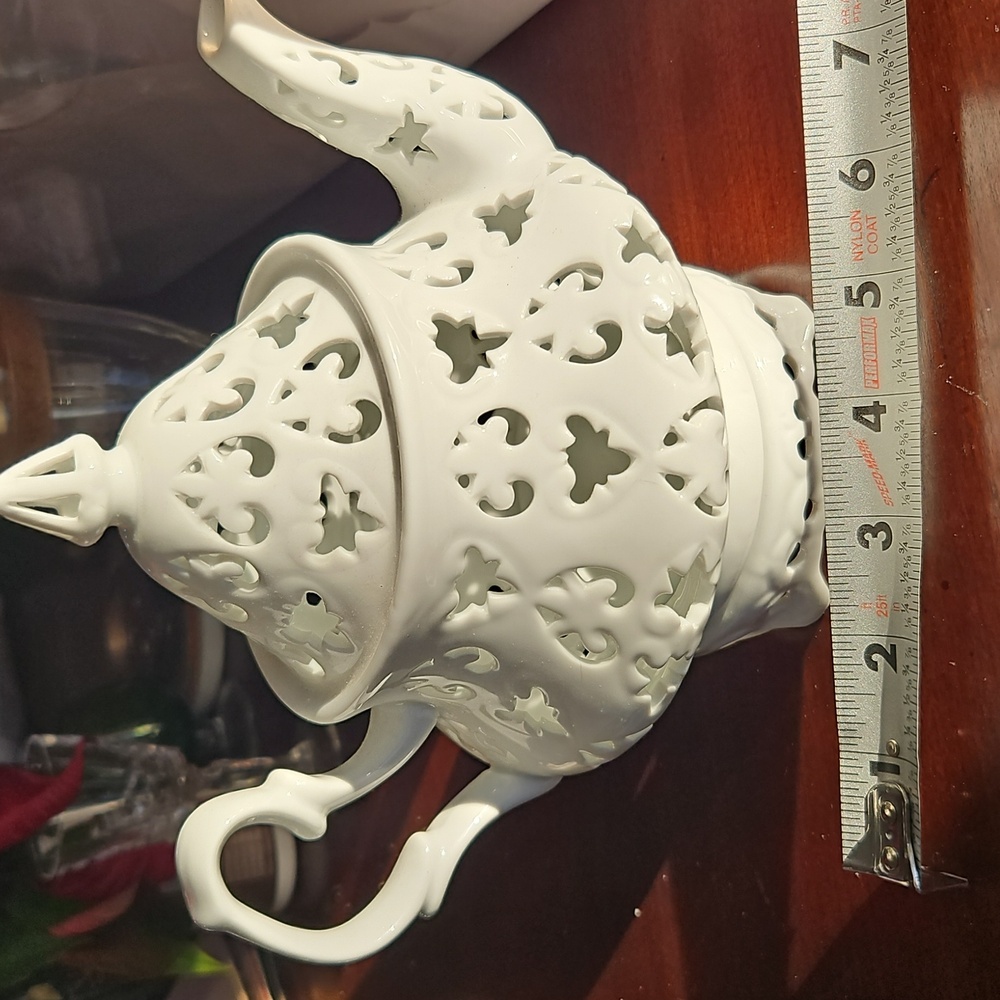Teapot Shaped Votive Candle Holder White Ceramic Cutout Design